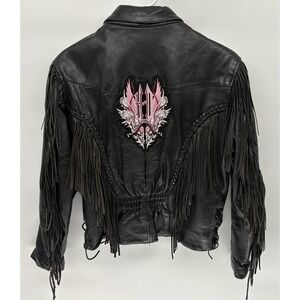 Vintage Western Genuine Leather Jacket Harley Davidson Patch Fringe Lace Women M